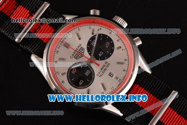 Tag Heuer Carrera Calibre 18 Chronograph Miyota Quartz Steel Case with White Dial Stick Markers and Red/Black Nylon Strap -Red Inner Bezel - Click Image to Close